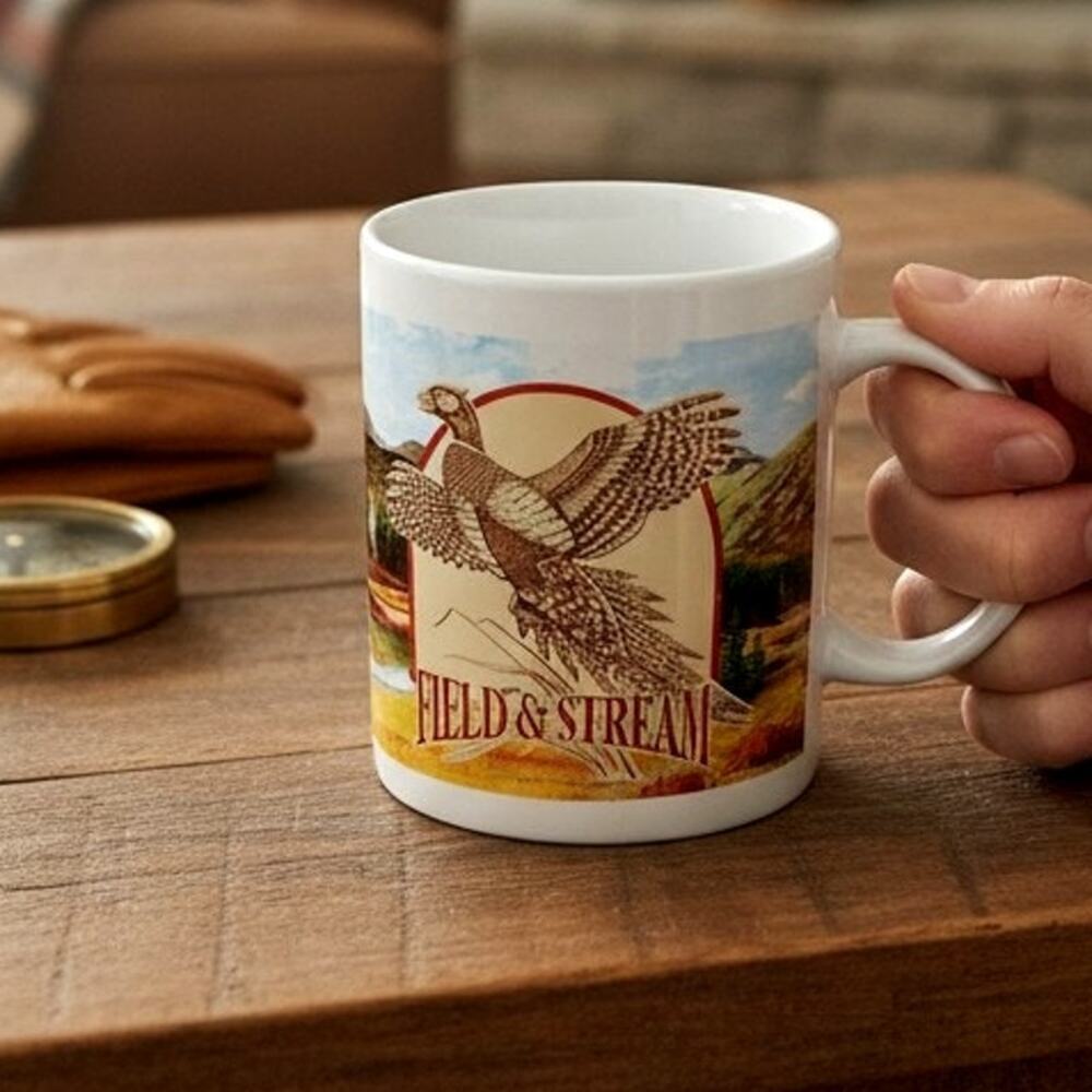 🎣🦆🗡️Field & Stream Outdoors Mug Fishing Hunting Lodge Rustic Coffee Cup Gift
